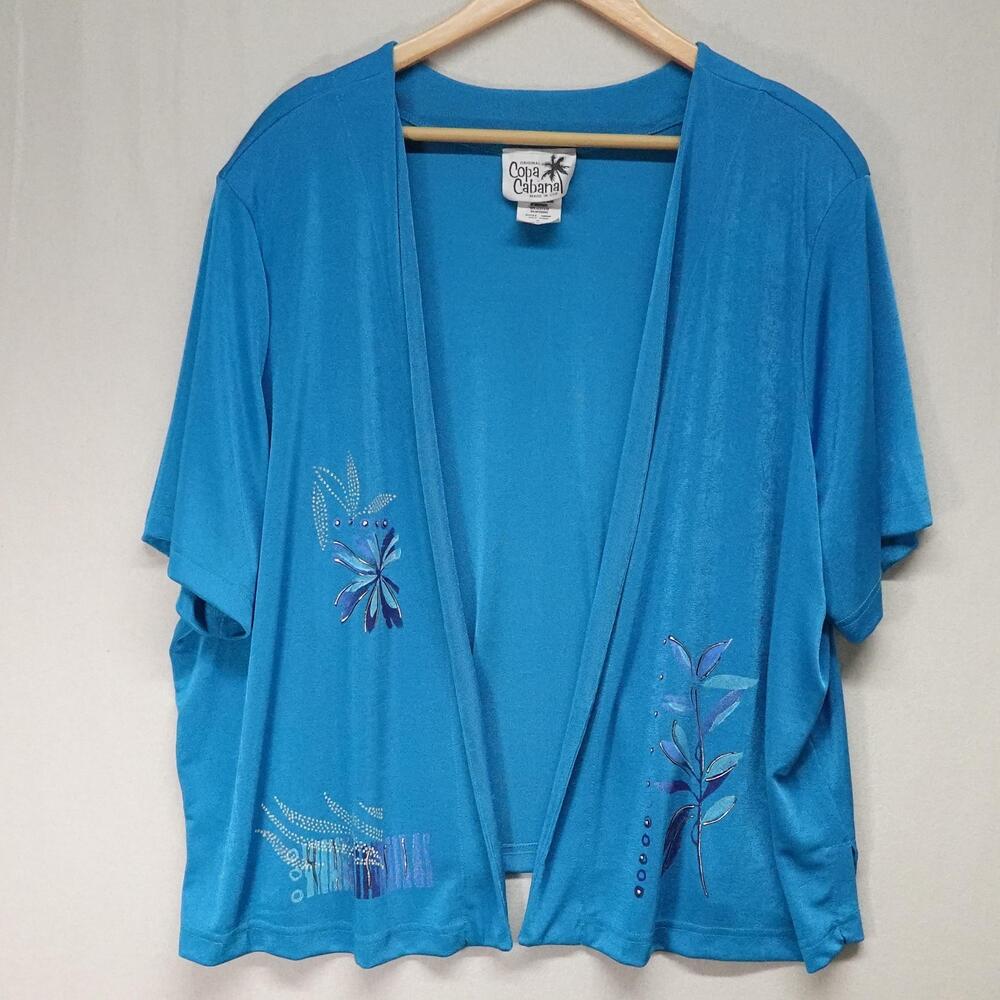 VTG Copa Cabana Kimono Womens 3X Blue Tropical Floral Open Front Made USA